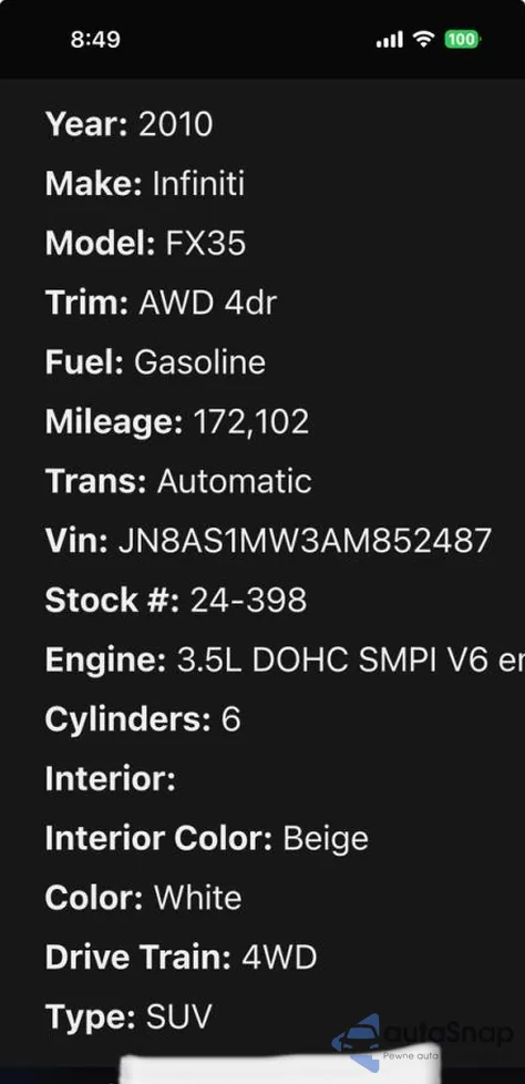 2010 Infiniti Fx35 from USA, damaged, VIN JN8AS1MW3AM852XXX